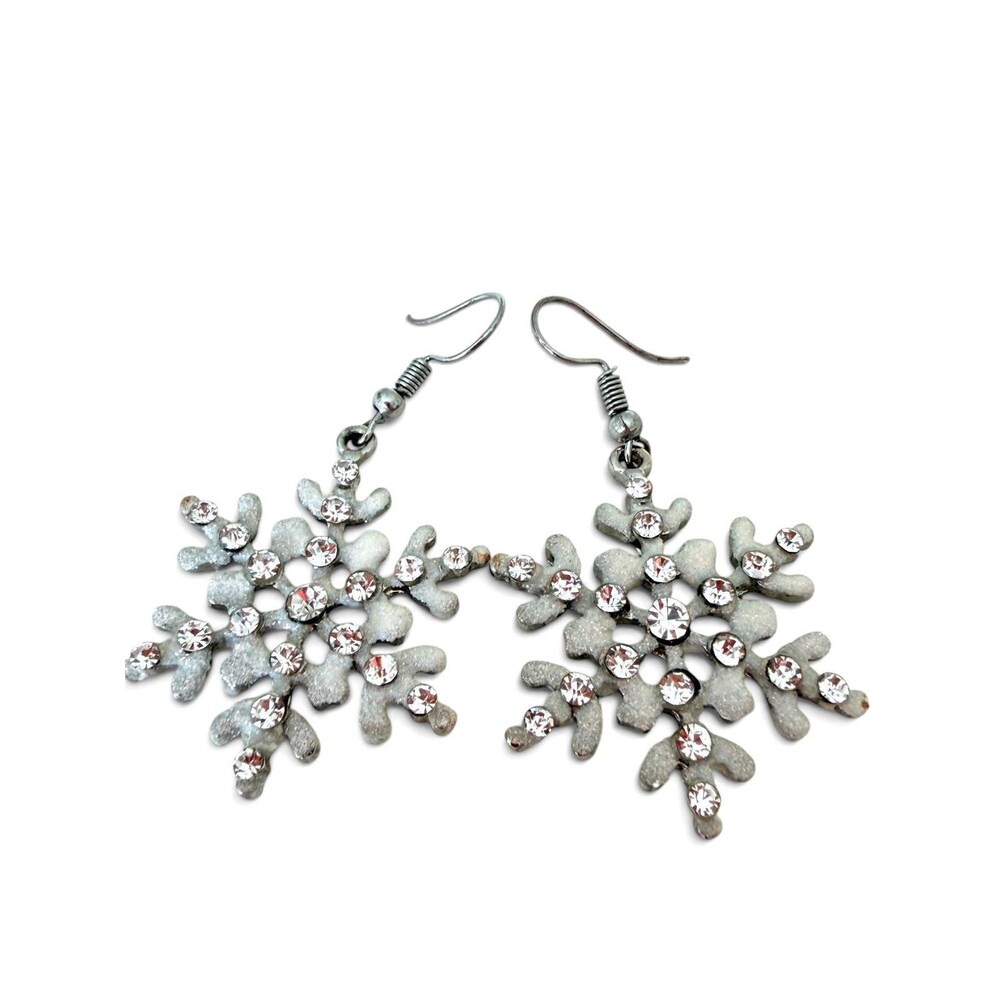 Sparkling White Snowflake Dangle Earrings Clear Rhinestone Christmas Winter Des